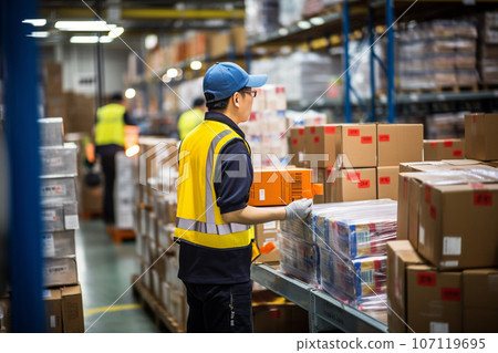 Male employee doing picking work at a distribution warehouse: AI-generated image 107119695