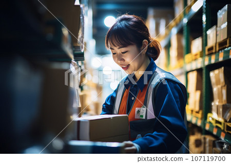 A female employee doing picking work at a distribution warehouse: AI-generated image 107119700