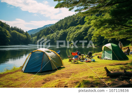 在河邊搭帳篷露營:人工智慧生成的圖像 在河邊搭帳篷露營:人工智慧生成的圖像 107119836