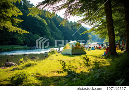 在河邊搭帳篷露營：人工智慧生成的圖像 107119837