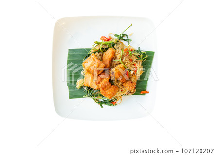 Top view of stir fried water mimosa with crispy pork, focus selective 107120207