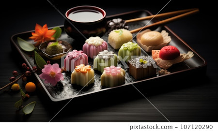 Japanese wagashi traditional sweets on a lacquered tray. The colorful confections. A healthy dessert made from natural ingredients. Sweets made from rice and legumes for the Japanese tea ceremony. 107120290