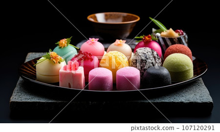 Japanese wagashi traditional sweets on a lacquered tray. The colorful confections. A healthy dessert made from natural ingredients. Sweets made from rice and legumes for the Japanese tea ceremony. 107120291