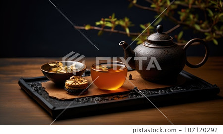 Traditional Japanese tea set. The soft, diffused light. Teapot, cup of tea, saucer, cake cookies. Japanese tea ceremony. Japanese culture and traditions 107120292