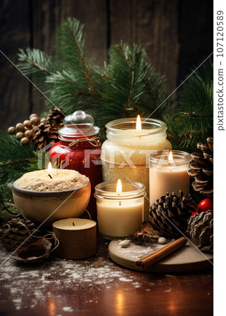 Traditional christmas still life with cosmetics. candles and pine 107120589
