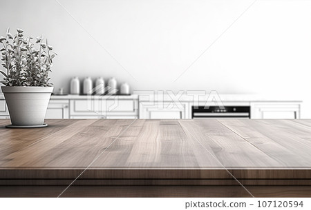 Modern simple kitchen, with white wooden table. Narrrow depth of field 107120594