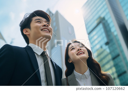 Office workers looking up at the sky with the business district in the background: AI-generated image 107120662