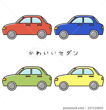 Sideways line drawing illustration set of cute sedans in various colors 107120691