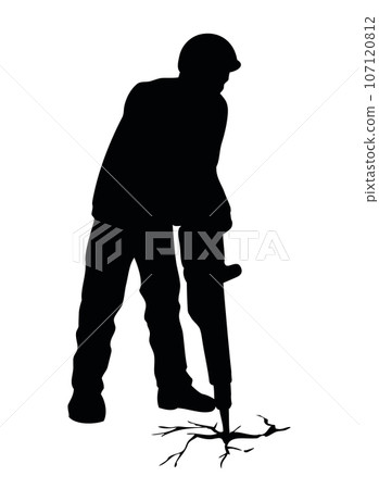 Vector drawing. Roadworks. Construction worker with jackhammer Vector drawing. Roadworks. Construction worker with jackhammer 107120812