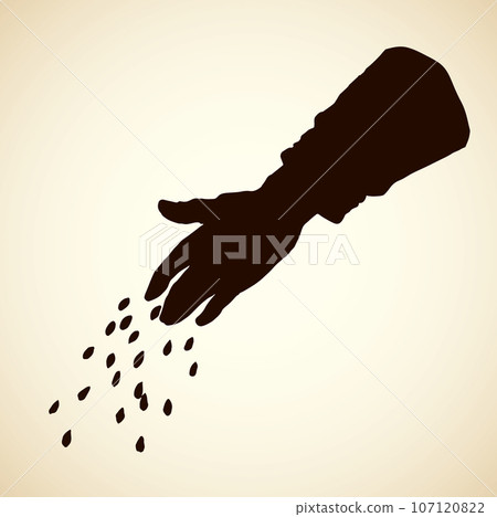 Hand sowing seed in plowed field. Vector drawing 107120822