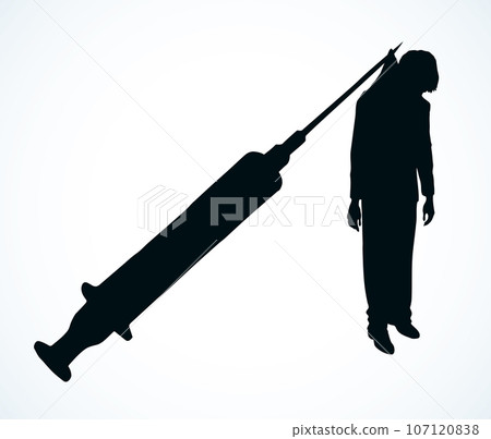Vector poster against drug abuse: a man caught in a syringe needle 107120838