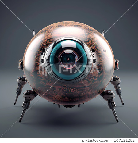 Flying drone with a surveillance camera similar to a human eye, close-up. Flying drone with a surveillance camera similar to a human eye, close-up. 107121292