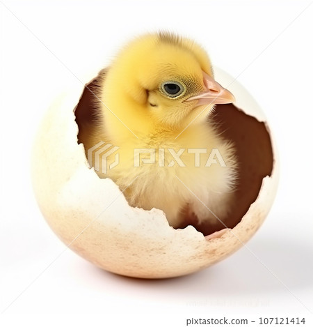 Small yellow fluffy chick hatching from an egg, close-up on a white background 107121414
