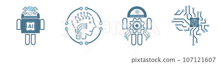 Technology icons vector for Brain AI concepts, and AI vector design for website, UX and UI styles, 9 icons of AI generation illustration symbol, on dark backgroun 107121607