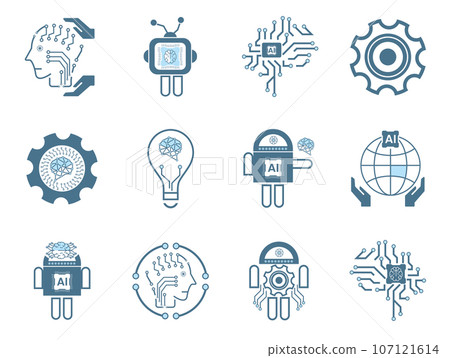 Technology icons vector for Brain AI concepts, and AI vector design for website, UX and UI styles, 9 icons of AI generation illustration symbol, on dark backgroun Technology icons vector for Brain AI concepts, and AI vector design for website, UX and UI styles, 9 icons of AI generation illustration symbol, on dark backgroun 107121614