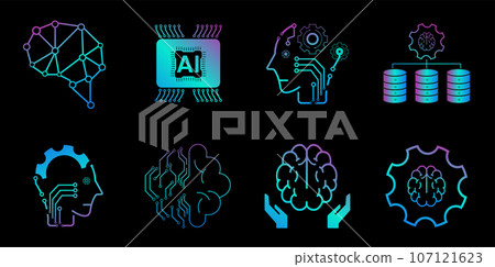 Set of Artificial intelligence line icons, AI for technology symbols concepts, and 8 cybernetic icons 107121623