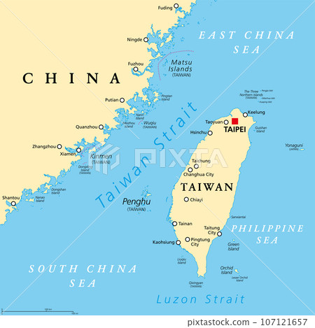Taiwan Strait, political map. Important waterway and disputed international waters, separating the island of Taiwan and continental Asia, which connects the East China Sea and the South China Sea. 107121657