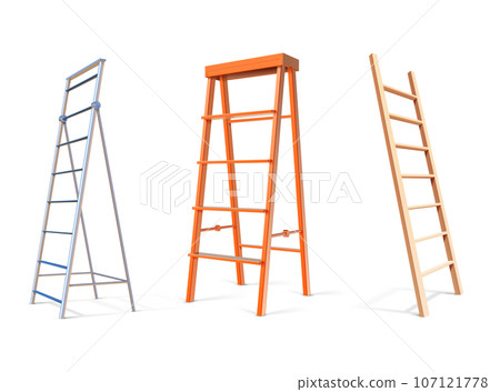 Ladder construction. Realistic wooden and glossy metal staircase. 3D building stepladders. Vertical tools for climbing. Household repair instruments with steps. Vector stairways set Ladder construction. Realistic wooden and glossy metal staircase. 3D building stepladders. Vertical tools for climbing. Household repair instruments with steps. Vector stairways set 107121778