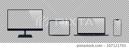 Screen mockup. Desktop monitor, tablet, phone or pc device, blank website on notebook. Advertising on display, transparent background. Touchscreen vector realistic electronic elements set Screen mockup. Desktop monitor, tablet, phone or pc device, blank website on notebook. Advertising on display, transparent background. Touchscreen vector realistic electronic elements set 107121783