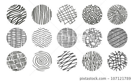 Line patterns. Abstract doodle icons, curve black texture, round spiral and geometric art, grunge brush. Different lines. Scribble hand drawn elements. Decorative minimal icons. Vector design 107121789