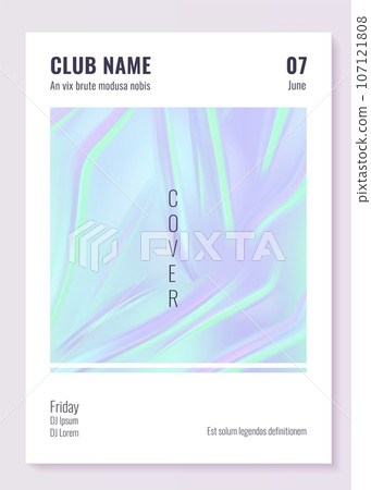 Holographic foil poster. Realistic minimal iridescent rainbow invitation banner. Purple mesh hologram flyer, geometric shape. Lettering. Abstract creative cover. Vector vibrant texture Holographic foil poster. Realistic minimal iridescent rainbow invitation banner. Purple mesh hologram flyer, geometric shape. Lettering. Abstract creative cover. Vector vibrant texture 107121808