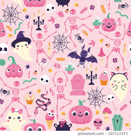 Pattern with elements for Halloween on a pink background 107122371