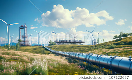Windmills for electric power and hydrogen production plant. Renewable energy source 107122657
