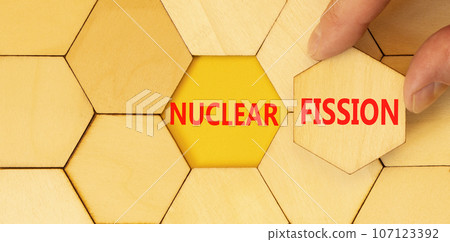 Nuclear fission symbol. Concept words Nuclear fission on beautiful wooden puzzles. Beautiful yellow paper background. Businessman hand. Business science nuclear fission concept. Copy space. Nuclear fission symbol. Concept words Nuclear fission on beautiful wooden puzzles. Beautiful yellow paper background. Businessman hand. Business science nuclear fission concept. Copy space. 107123392