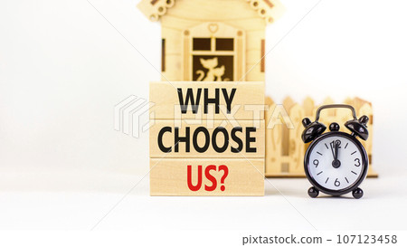 Why choose us symbol. Concept word Why choose us on beautiful wooden block. Black alarm clock. Beautiful white table white background. Business motivational why choose us concept. Copy space. Why choose us symbol. Concept word Why choose us on beautiful wooden block. Black alarm clock. Beautiful white table white background. Business motivational why choose us concept. Copy space. 107123458