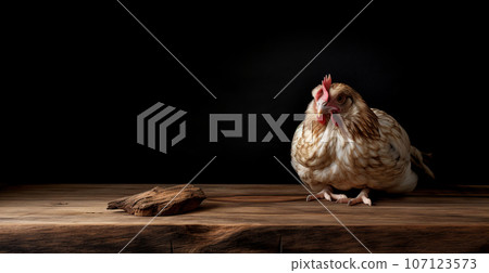 Beautiful Brown hen isolated on dark background. Beautiful Brown hen isolated on dark background. 107123573