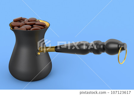 Turkish coffee cooked in sand or maker cezve with coffee bean on blue 107123617