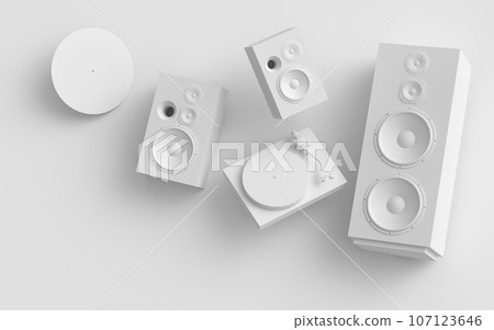 Set of Hi-fi speakers and DJ turntable for sound recording studio on monochrome 107123646