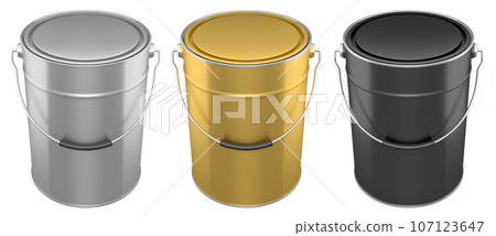 Set of metal cans or buckets of paint with handle on white background. 107123647