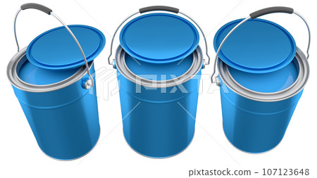 Set of metal cans or buckets of paint with handle on white background. 107123648