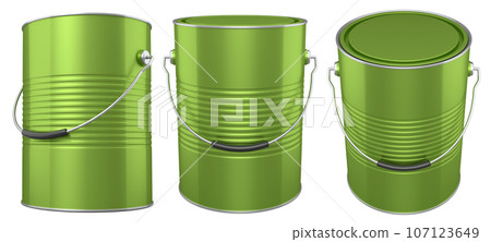 Set of metal cans or buckets of paint with handle on white background. 107123649