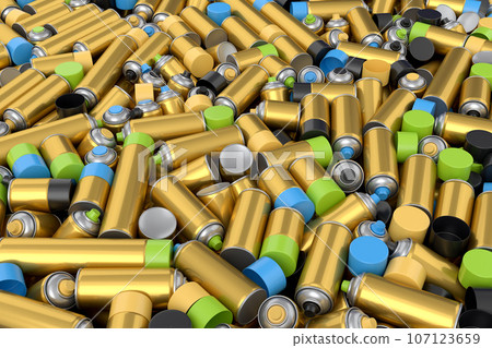 Pile of spray paint cans on yellow background. Spray bottle and dispenser Pile of spray paint cans on yellow background. Spray bottle and dispenser 107123659