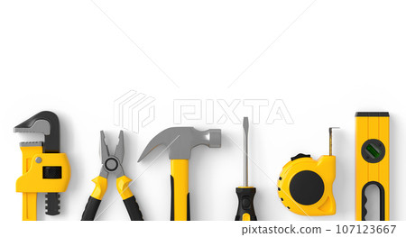 Flying view of yellow construction tools for repair on white background Flying view of yellow construction tools for repair on white background 107123667