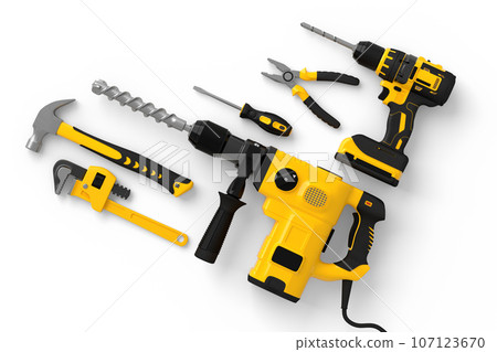 Flying view of yellow construction tools for repair on white background Flying view of yellow construction tools for repair on white background 107123670
