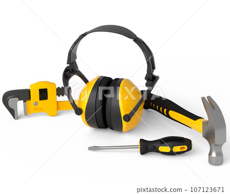 Flying view of yellow construction tools for repair on white background 107123671