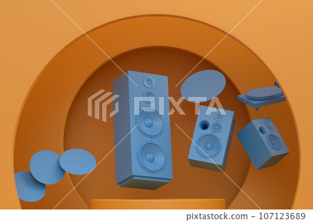 Abstract scene or podium with Hi-fi speakers and DJ turntable on monochrome Abstract scene or podium with Hi-fi speakers and DJ turntable on monochrome 107123689