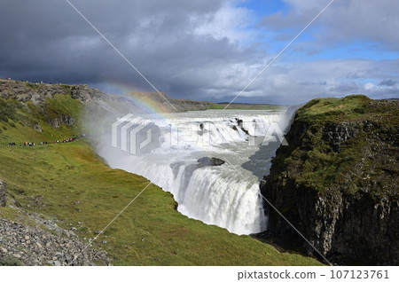 Gullfoss - Golden Falls - on Iceland's Golden Circle route under autumn clouds. 107123761
