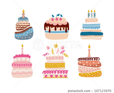 Cute Cartoon simple vector birthday cake cupcake vector set. Happy holiday cream cake 107123970