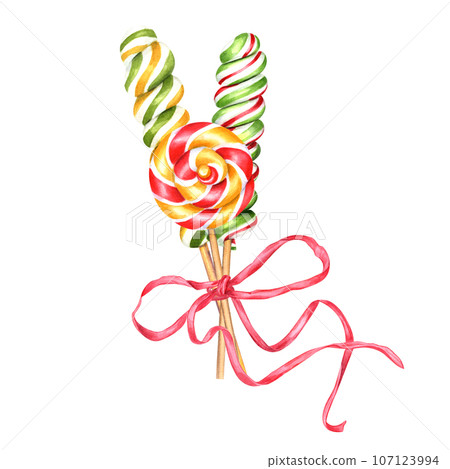 Bouquet of candies, spiral lollipops on stick with bows. Round and oblong bonbons with striped swirls, sugar caramel, red ribbons for decoration. Watercolor illustration for label, package Bouquet of candies, spiral lollipops on stick with bows. Round and oblong bonbons with striped swirls, sugar caramel, red ribbons for decoration. Watercolor illustration for label, package 107123994