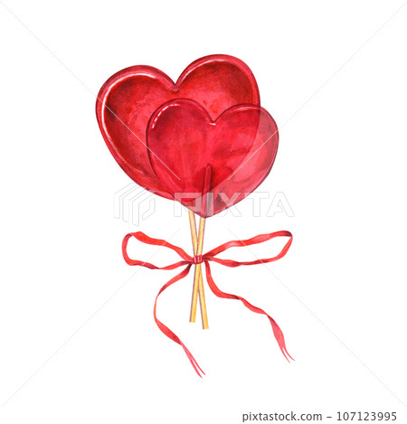 Transparent red caramel in the shape of heart decorated with red ribbon. Bouquet of candies, bonbons, lollipop, sugar caramels on stick. Watercolor illustration for greetings, postcard, invitation Transparent red caramel in the shape of heart decorated with red ribbon. Bouquet of candies, bonbons, lollipop, sugar caramels on stick. Watercolor illustration for greetings, postcard, invitation 107123995