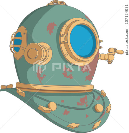 An old green diving helmet made of copper and bronze. 107124051