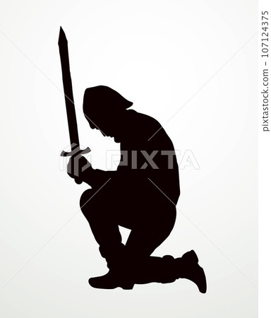 Kneeling knight with a sword. Vector drawing 107124375