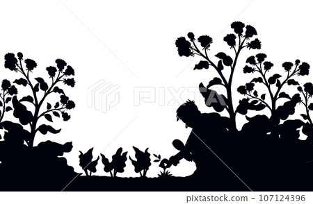 A man with a magnifier is looking for weeds. Vector drawing A man with a magnifier is looking for weeds. Vector drawing 107124396