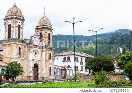 Historical Our Lady of the Rosary Church at the central square of the small town of Tibasosa located in the Boyaca department in Colombia 107124483