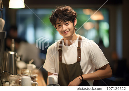 Smiling young male clerk working at a cafe: AI-generated image 107124822