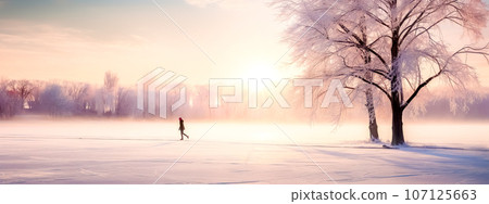 man on the frozen ice of the winter lake at sunset, snow and birch trees on the shore, banner man on the frozen ice of the winter lake at sunset, snow and birch trees on the shore, banner 107125663